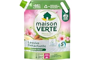 Maison Verte - Recharge Lessive Liquide - Parfum aux Huiles Essentielles - Lessive Détachante - Amande Douce - Peaux Sensibles - Efficace dès 20°C - 5 Enzymes Actives d'Origine Naturelle - 33 Lavages