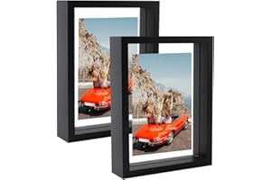 EXYGLO Juego de 2 Marcos de Fotos 13x18 cm Flotantes, Marco de Fotos Doble Cristal, Marco Doble Care para Colgar en la Pared o de pie Sobre la Mesa, Muestra Fotos de Hasta 17x22cm, Negro Clásico
