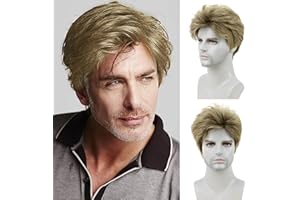 QUEENTAS Peluca corta Rubio Oscuro para hombre, peluca de pelo sintético con rizos naturales, peluca diaria para hombre