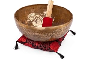 Bodhi Tibetische Klangschale Ø 32 cm | Singing Bowl mit 5 Buddhas Gravur | Handgefertigtes Klangschalen Set inkl. Kissen & Klöppel | Ideales spirituelles Geschenk | Meditationszubehör aus Bronze