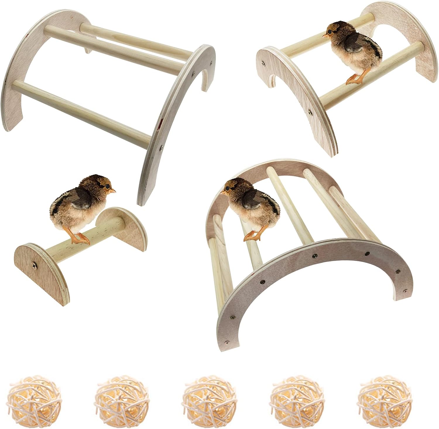 Allazone 4 Talla Perca de Pájaro, Soporte de Percha para Polluelo Naturales para Pájaros Pájaro de Madera Soporte de Perca con 5 Pz Bolas de Ratán para Gallinas Loro