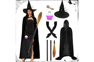 LXWINNER Hexenkostüm Damen Halloween, Halloween hexenhut, Hexenumhang Hexenbesen, Hexehandschuhe, Hexen Trankflasche, Unisex Umhang mit Kapuze, Vampir Umhang Hexenhut Halloween Kostüm Damen Hexe Accessoires