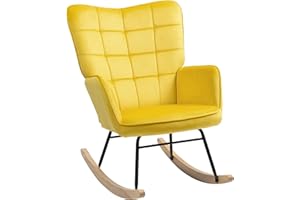 HOMCOM Fauteuil à Bascule, Rocking Chair, revêtement en Velours, Chaise à Bascule, Structure en Acier, Pieds en Bois Massif, Jaune