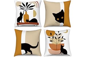 Hnmdmyi Funda de Cojín Boho 50x50 Juego de 4, Abstracto Gato Negro Planta Sol Luna Fundas de Cojín Decorativas Arte Moderno Minimalista Estética Funda de Cojín de Lino para Sofá Decoración del Hogar