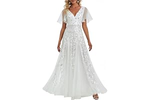 Ever-Pretty Robes de Soirée Femmes Longues Manches Volants Tulle Paillettes de Feuilles Col V Chic EE00736-P