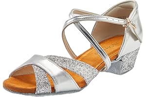 MISSFIONA Girls Latin Dance Shoes Kids Glitter Salsa Ballroom Shoes with Leather Sole