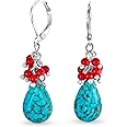 Boho Fashion Pear Shape Crystal Coral Red Bead Accent Blue Turquoise Blue Teardrop Drop Lever Back Earrings Western Jewelry For Women Teens Silver Plated
