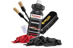 detailmate Sonax ProfiLine MultiStar Kit de nettoyage multi-usages 1 l, pinceau de nettoyage Nuke Guys Small & Large + brosse textile + 2 chiffons en microfibre de qualité supérieure 320 g/m² + verre