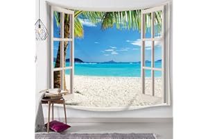 MESNT Tapisserie Murale Plage Tropicale, Tapisserie de Plage Mur Suspendu Bord de mer Vue Tapisserie Suspendue Murale pour la décoration intérieure, Bleu Vert Blanc, Style 2, 240x220cm