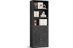 Coleshome Estantería 5 Estantes con Puertas y Cajón, Librería Estantería Libros Madera para Almacenamiento y Exhibición para Hogar, Oficina, Sala, Dormitorio, Negro, 48x24x164.2