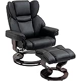 HOMCOM Reclining Swivel Armchair Footstool Set Sofa Padded PU Leather Relaxing Manual Duo Metal Frame Bentwood Base Black