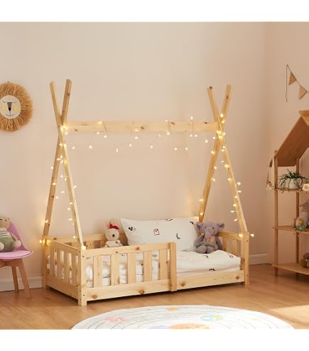 Lit Pirate Enfant 70x140cm En Bois - Avec Garde-corps - Capacité 25kg - Bleu Et Marron