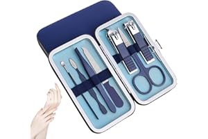 Jaimela Set de Manicura Pedicura Profesionales, [7 Piezas]Cortaúñas de Acero Inoxidable con Caja, Limpieza de Cutículas, Tijeras de Uñas para Manicura y Pedicura (Azul)