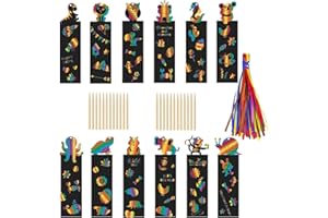 NUYYR 48 Pezzi Segnalibro Scratch, Scratch Art Bambini, Disegni Scratch Art, Colorato Segnalibro Personalizzato con 48 Corde Colorate e 24 Penna in Legno per Feste, Studenti, Forniture Artigianali Bambini