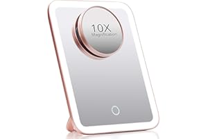 Fancii Espejo de Maquillaje Portátil con Luz LED y 3 Modos Iluminación, Aumento de 1x / 10x - Espejo Iluminado para Cosmética, Sensor Tactil, Soporte Ajustable, USB o Batería - Aura Go (Oro Rosa)