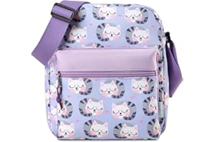 VASCHY Bolso Bandolera para Niñas, Ligero Pequeño Monedero Resistente al Agua con Bandolera Ajustable Regalo para Preescolar y Adolescentes - Morado Gatas