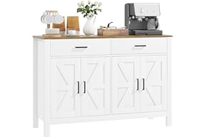 HOMCOM Credenza da Cucina con 2 Cassetti e 2 Armadietti, Mobile Buffet Stile Rustico con Mensole Regolabili per Salotto e Soggiorno, Bianco