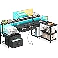 Coleshome 175x100 cm Corner Desk with Drawers, Reversible L Shaped Gaming Desk with LED lights & Power Outlet, Computer desk with Monitor Shelf, PC Table with Storage, Black