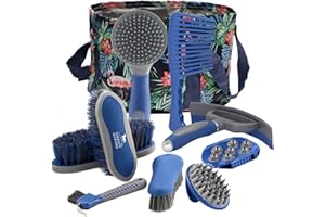 Harrison Howard Kit de toilettage pour chevaux 9 pièces Equine Care Series Ensemble de brosses pour chevaux avec sac fourre-tout organisateur fournitures de salle de bains Outils de massage Bleu foncé