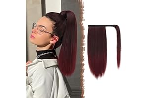 FESHFEN Coleta Postiza Lisa Pelo, 40 cm Largo Liso Ponytail Extension Envolver alrededor Cola de Caballo Extensiones Negro Ombre Rojo Sintéticas Clip Postizos de Pelo para Mujeres