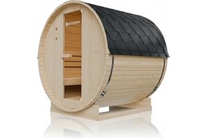 Artsauna Outdoor Fasssauna Spitzbergen 180 für 4 Personen - 6 kW Ofen, Saunasteine & Zubehör - Saunafass aus Fichtenholz - Außensauna Gartensauna