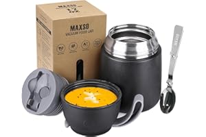 LOGEEYAR Boîtes Alimentaires Isothermes, Boîte Isotherme Repas Chaud Porte-Aliments en Acier Inoxydable à Double Couche, Thermoisolant Boîte avec Cuillère Pliante pour Ecole, Bureau, 500ml Noir