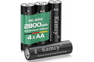 KAMCY 1,2V Pile Ricaricabili AA - Batterie AA ricaricabili, ad alta capacità, 2800 mAh, batterie Ni-MH, pronte all'uso, ricaricabili fino a 1500 volte, pro, nere, confezione da 4