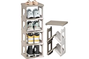 HAIXIN Narrow Shoe Rack - 5 Tier Foldable Shoe Storage and Organisation for Entryway, Assembly-free Shoe Shelf, Space-Saving Shoe Stand for Closet Hallway Dorm (Milky White and Brown)