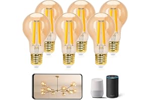 Aigostar Edison Bombillas Alexa E27 Bombillas Inteligentes LED 6W 806LM WIFI Bombilla Vintage A60 Bombillas Filamento Regulable 2700K-6500K, compatible con Alexa/Google Home. ámbar 6 pack