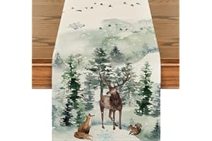 Artoid Mode Deer Fox Pine Trees Snow Christmas Table Runner, Seasonal Winter Xmas Kitchen Dining Table Decoration for Home Party Decor 40x240 cm