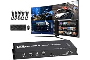 GKRONG 4K HDMI KVM Switch 4x1 Quad Multi Viewer 4 in 1 Out KVM HDMI Processor Screen Multiviewer Seamless for 4 PC Share Mouse Keyboard