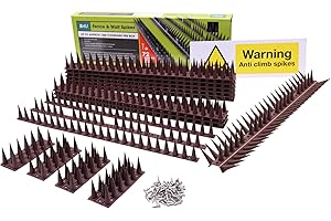 S4U Fence Wall Spikes 12pcs Garden Tall Bird Spikes Cat Pigeon Deterrent Coverage between 5.3m to 15.90m Per Box Anti Climb 44 x 4.3 x 3.8cm Warning Sign Included & Screws (Brown)