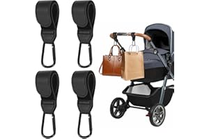 YOUKLY Buggy Clips for Pram, 4 Pcs Pram Clips for Buggy, PU Leather Pram Hooks for Bags, Black Buggy Clip for Pushchair/Mommy Diaper Bag/Backpack/Shopping Grocery/Outdoor Use (4PCS)