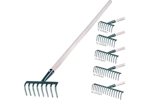 KADAX Rechen aus Metall, Flache Harke mit Stiel aus Holz, Laubbesen für Garten, Beet, Laubrechen, Rasenrechen, grün, Gartengerät, Heurechen, Gartenwerkzeug, Gartenharke (8 Zinken)