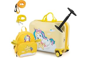 DREAMADE Kinderkoffer zum Draufsitzen, 2 TLG. Kinderkoffer mit Rucksack, Kindergepäck Trolley zum Reisen, Reisetrolley Kinder Trolley Set (Gelb-Einhorn, 18 Zoll +12 Zoll)