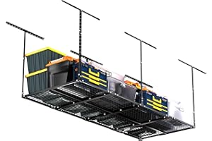 Jowkou Garage Ceiling Storage Rack, 3x8ft Overhead Storage System, Heavy-Duty Steel Hanging Rack Holds 270kg for Garage Organisation, Adjustable Loft Shelving, Easy DIY Install, Black