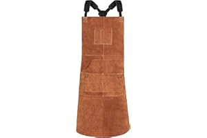 QeeLink Leather Woodwork Apron, Leather Apron with 6 Tool Pockets Heavy Duty Welding Apron for Men Women Heat Resistant Work Shop Supplies, Adjustable M to XXL