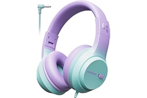 awatrue Auriculares Niños, 74/85/94dB Volumen Seguro, Sonido Estéreo, Plegable, 3,5 mm Jack Over Ear Auriculares Niña para iPad, Tabletas, La Escuela, de Viaje (Morado y Verde)