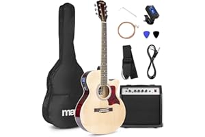 MAX Showkit Guitarra Electroacústica Madera Clara con Cuerdas de Acero de Repuesto, Amplificador, Funda, Afinador, Correa y 2 Púas – Pack Completo Ideal para Principiantes, Ensayos o Regalo