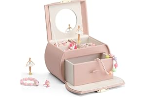 Vlando Joyero musical con bailarina giratoria, joyero con cerradura y adhesivo de unicornio para niños, pulsera, anillo, collar, regalo para niños (rosa melocotón)