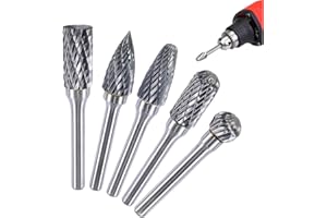 VIOWEY 5PCS Carbide Rotary Burr Set, Die Grinder Bits 1/4(6mm), 5/16"(8mm) Cutting Diameter Double Cut Burr Bits for Metal Wood Jade Carving Engraving Polishing Drilling Milling