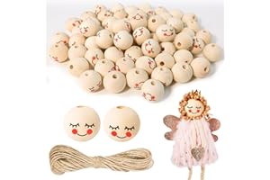 Furuising 80PCS Wooden Beads with Smile Face, 20mm Natural Wooden Beads for Crafting with 10m Jute String for Making Christmas Angels, Crafting DIY Handmade