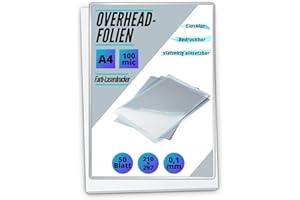 MK MARC KINDERMANN 50 x Overheadfolie A4 - OHP Folien glasklar - Folie für Farb-Laserdrucker - Overheadfolien auch als Kopierfolie, Projektorfolie oder Drucker Folie geeignet
