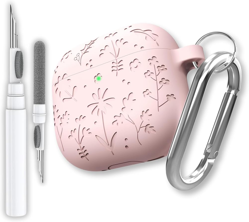 EWEC AirPods 4. Nesil ve AirPods 5. Nesil Uyumlu Çiçek İşlemeli Premium Silikon Kulaklık Kılıfı ve 3'ü 1 Arada Bluetooth Kulaklık Temizleme Kalemi Seti (Pembe)