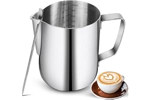 NEWGF Milchaufschäumkrüge, 340 ml, Edelstahl-Espresso-Dampfkrüge mit Dekorationsstift, Kaffee, Milchaufschäumer, Tasse mit Skala, Cappuccino, Latte, Art, Barista, Dampfkrüge, Milchaufschäumer Tasse