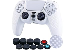 YoRHa Studded Silicone Rubber Gel Customizing Skin Cover for PS5 Dualsense Controller x 1(White) with Pro Thumb Grips x 10