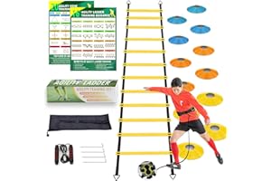 BJNCDIO Fussball Trainingszubehör Koordinationsleiter 6M, 12 Hütchen, Fußballtrainer und Springseil, Fußball Geschenke für Jungen Kinder und Erwachsener, Fußball Trainingsset Sachen