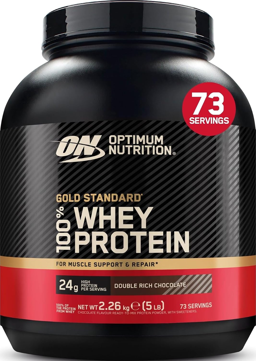 Optimum Nutrition Gold Standard 100% Whey, eiwitpoeder, dubbele smaak, rijke chocolade, 2,26 kg, 73 blikjes | Double Rich Chocolate, 73 Portions, 24g de Protéines,BCAA, Soutient la Croissance et la Récupération Musculaires