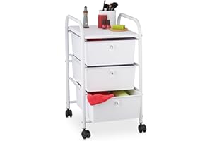 Relaxdays Carrito Auxiliar, 3 Cajones, Metal y Plástico, Carro para Baño, Cosméticos, 60 x 33 x 39 cm, Blanco