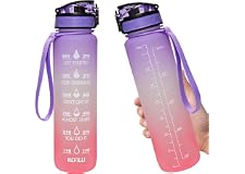 GEMFUL Water Bottle 1L with Time Marker Straw Tritan BPA Free for Fitness Gym and Outdoor Sports